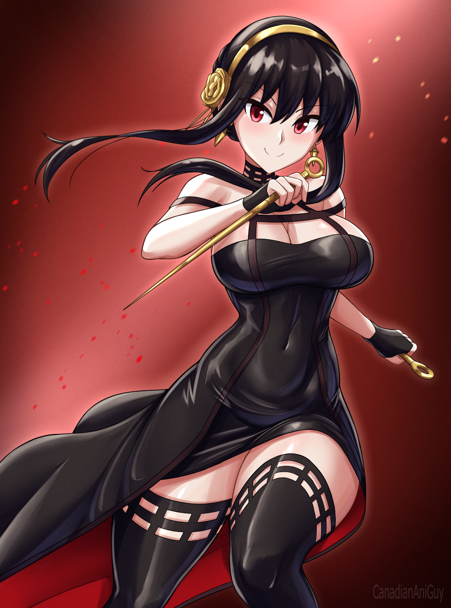 1girl black_boots black_dress black_gloves black_hair boots breasts canadiananiguy cleavage closed_mouth dagger dress earrings fingerless_gloves gloves gold_hairband hairband highres jewelry knife large_breasts red_eyes smile solo spy_x_family stiletto_(weapon) thigh_boots weapon yor_briar