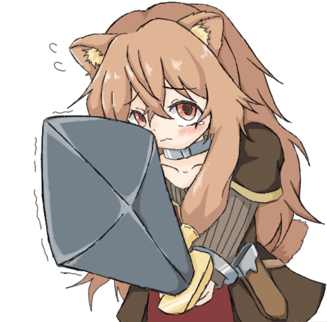 1girl animal_ear_fluff animal_ears blush brown_dress brown_hair collar collarbone commentary_request dress flying_sweatdrops frown gemusya hair_tubes holding holding_knife knife knife_sheath long_hair long_sleeves looking_down messy_hair metal_collar metal_hair_tubes metal_wrist_cuffs pointing pointing_at_viewer raccoon_ears raccoon_girl raccoon_tail raphtalia red_dress red_eyes sheath short_sleeves simple_background solo striped_clothes striped_dress tail tate_no_yuusha_no_nariagari tearing_up trembling two-tone_dress unsheathed upper_body vertical-striped_clothes vertical-striped_dress white_background