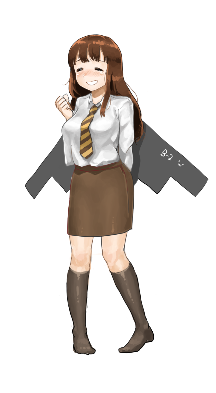 1girl ^_^ aircraft airplane anyan_(jooho) b-2_(flight_highschool) b-2_spirit blush bomber brown_hair clenched_hand closed_eyes female_focus flight_highschool flying_wing heavy_bomber highres image_sample kneehighs long_hair messy_hair military military_vehicle naver_sample necktie penetrator_(aircraft) personification school_uniform skirt smile socks solo stealth stealth_aircraft stealth_bomber strategic_bomber tears