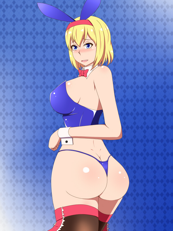 1girl alice_margatroid animal_ears ass bare_shoulders blonde_hair blue_eyes blush breasts butt_crack fake_animal_ears female_focus from_behind hairband huge_ass lactone large_breasts leotard looking_at_viewer open_mouth playboy_bunny rabbit_ears shiny_clothes shiny_skin short_hair sideboob smile solo thighhighs thong touhou wrist_cuffs