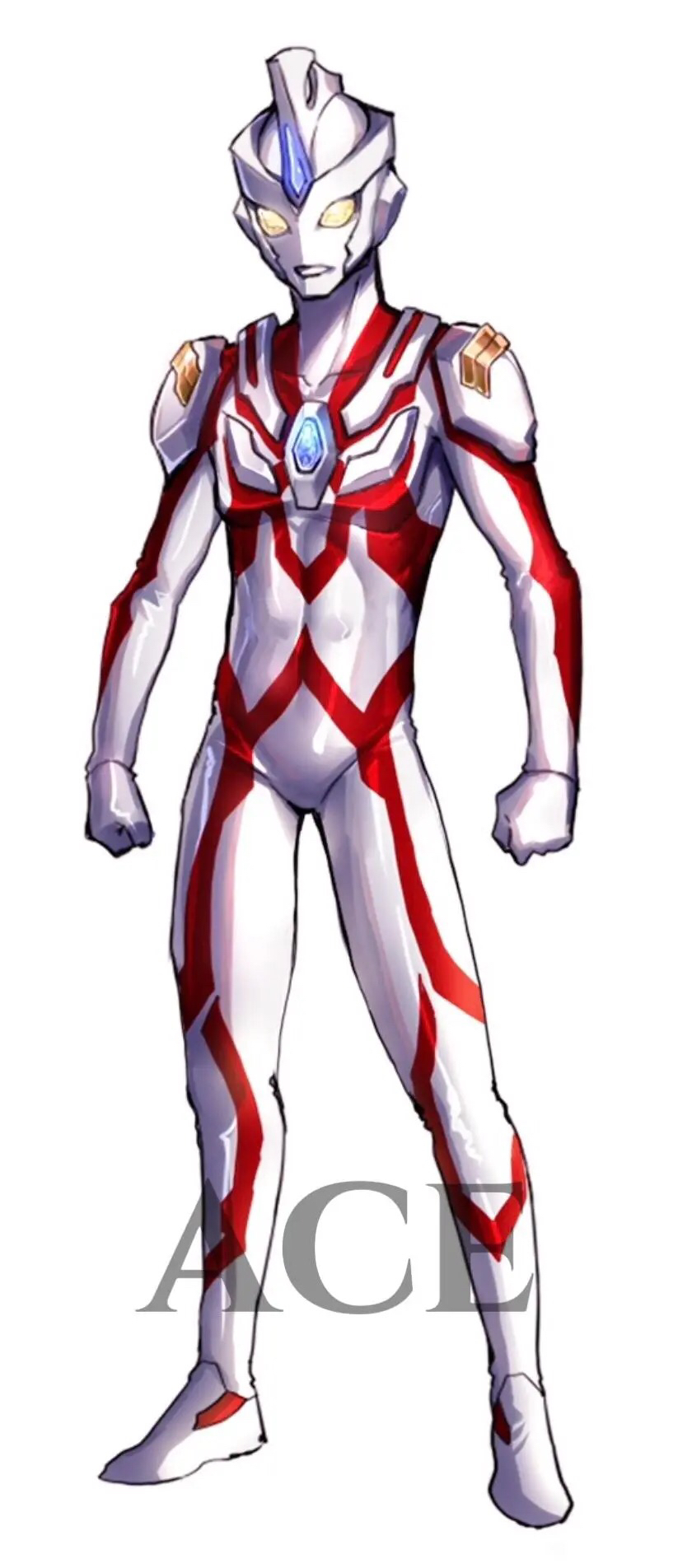 1boy armor bodysuit color_timer full_body garoshirou glowing glowing_eyes highres looking_at_viewer male_focus red_bodysuit silver_bodysuit solo tokusatsu ultra_series ultraman_ace ultraman_ace_(series) yellow_eyes