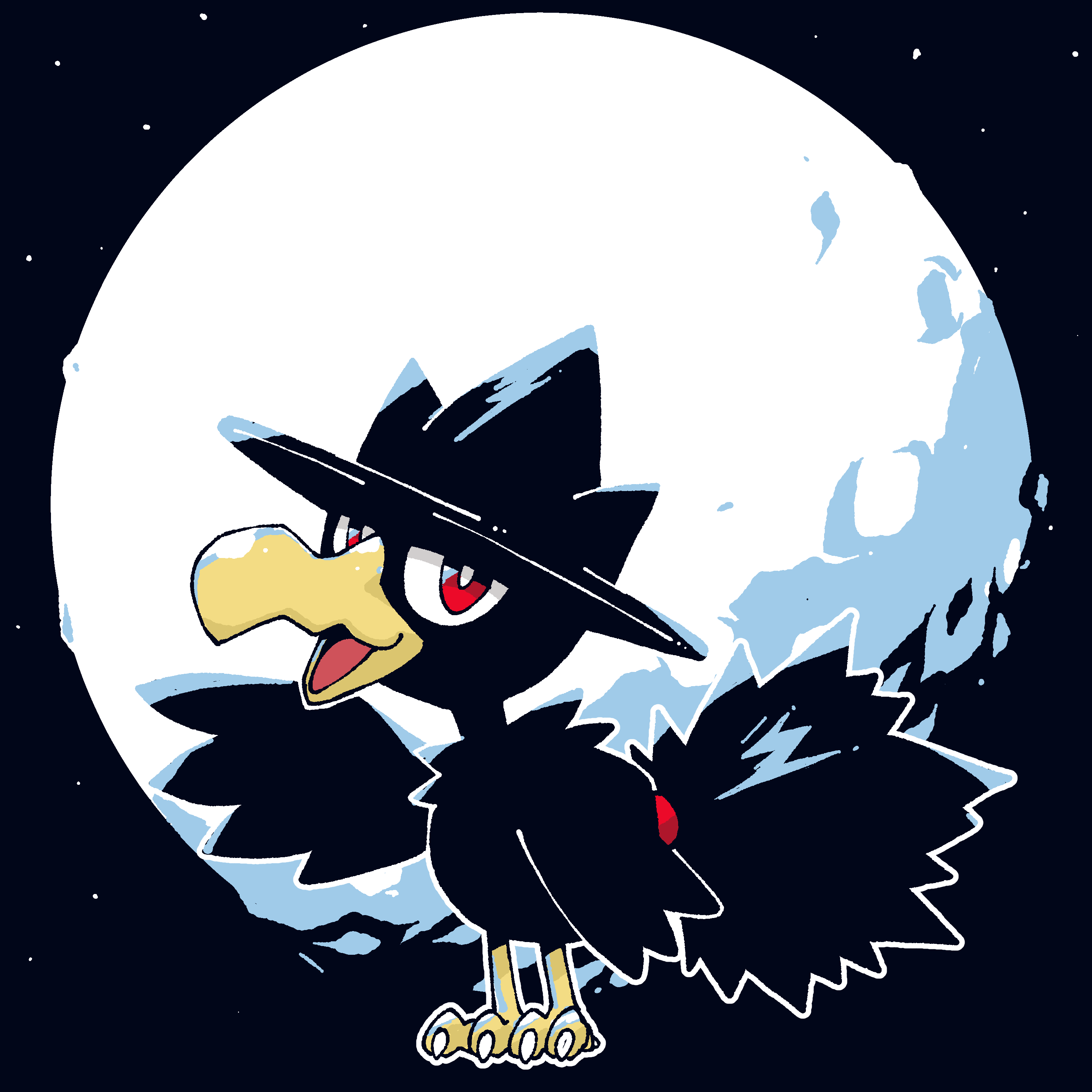 absurdres beak black_tail commentary english_commentary full_body gen_2_pokemon highres looking_at_viewer moon murkrow night night_sky nintendo no_humans open_mouth pokemon pokemon_(creature) pokemon_focus pr_quote red_eyes sky solo star_(sky) talons