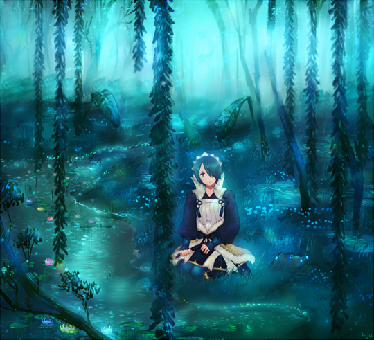 1girl bad_id bad_twitter_id blue_hair female_focus fire_emblem fire_emblem_fates forest headdress lijupy looking_at_viewer nature nintendo river setsuna_(fire_emblem) short_hair sitting solo solo_focus tree