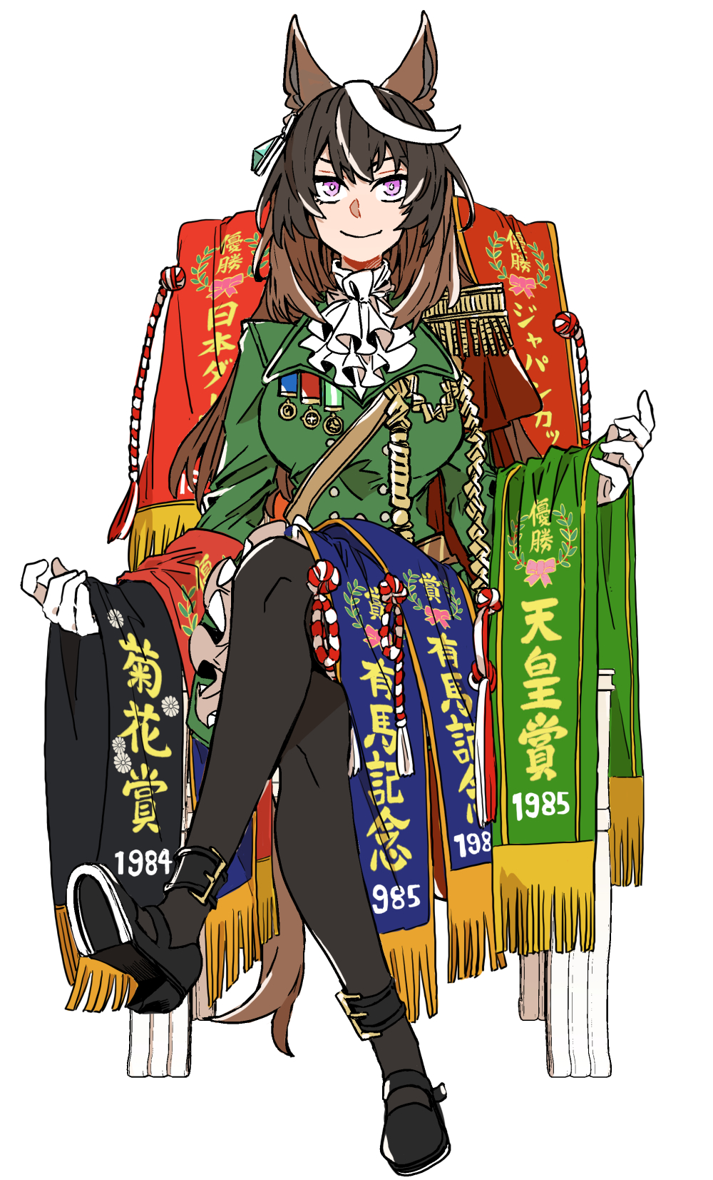 1984_(year) 1985 1girl aiguillette animal_ears ascot asuka_(junerabitts) black_shoes black_thighhighs breasts brown_hair chair closed_mouth commentary_request earrings epaulettes full_body gloves green_jacket green_skirt hair_between_eyes highres horse_ears horse_girl horse_tail horseshoe jacket jewelry long_hair long_sleeves medal medium_breasts multicolored_hair purple_eyes shoes simple_background single_earring single_epaulette sitting skirt smile solo streaked_hair symboli_rudolf_(umamusume) tail thighhighs umamusume white_ascot white_background white_gloves white_hair