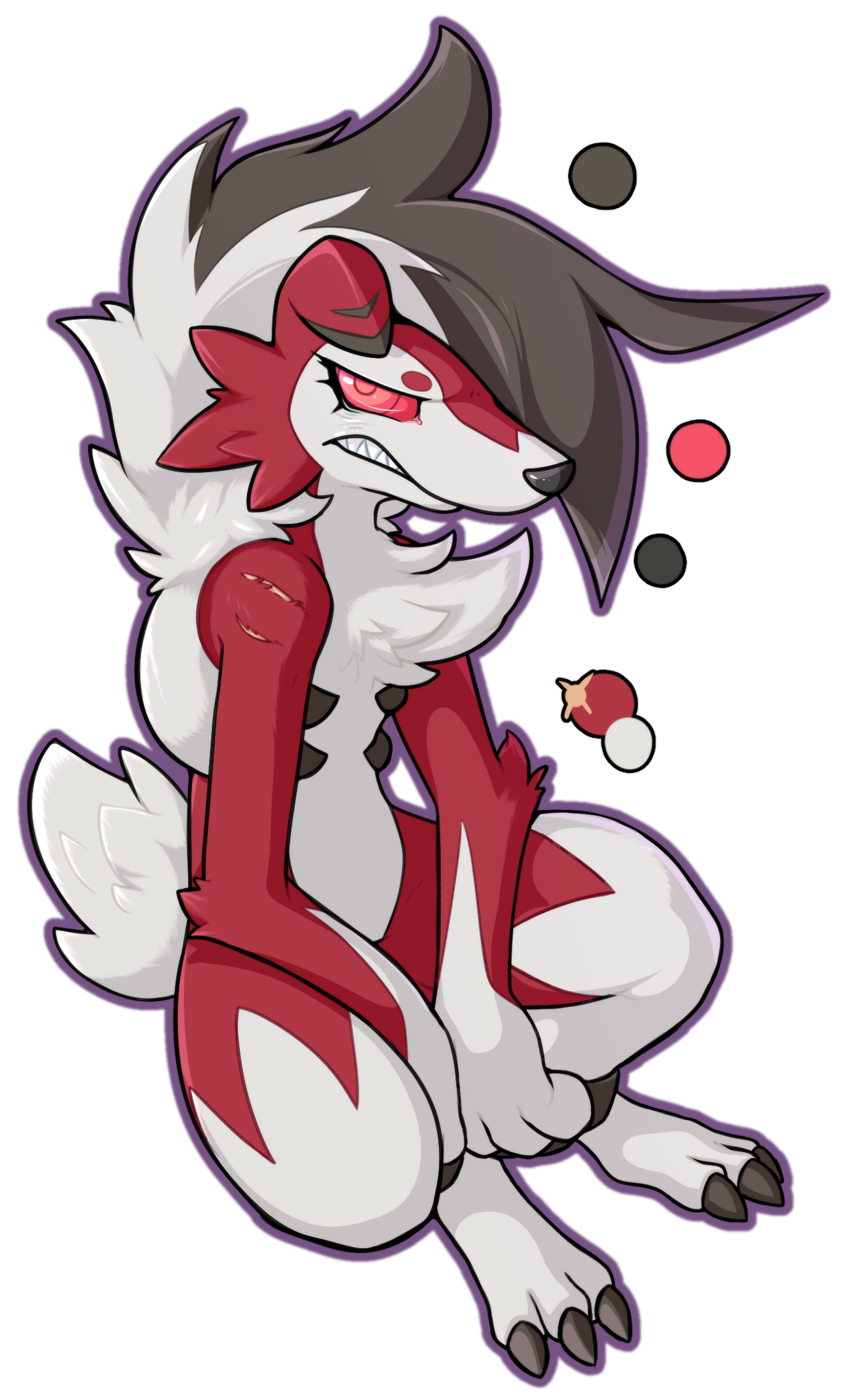 black_fur claws color_guide gen_7_pokemon highres honky_kat looking_at_viewer lycanroc lycanroc_(midnight) multicolored_fur nintendo no_humans pokemon pokemon_(creature) red_eyes red_fur sharp_teeth simple_background solo teeth transparent_background white_fur