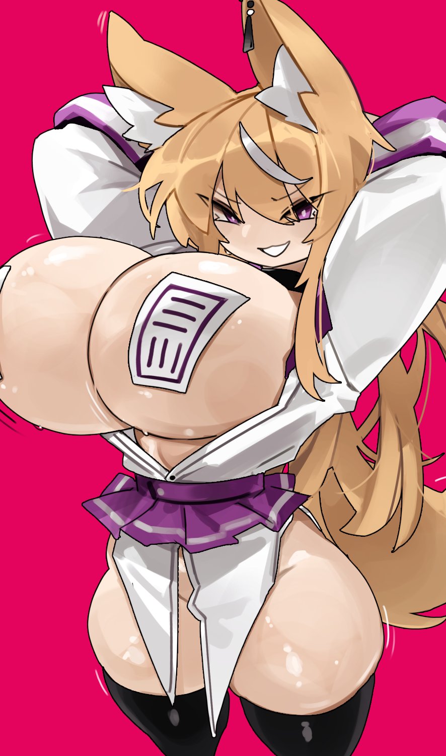 animal_ear_fluff animal_ears arms_behind_head arms_up black_hair black_thighhighs blonde_hair borrowed_character bouncing_breasts breasts breasts_out ear_ornament fox_ears fox_girl fox_tail hair_over_one_eye highres huge_breasts long_hair motion_lines multicolored_hair ofuda open_clothes open_shirt original pasties purple_eyes purple_skirt shiki_(jifuwabe) shirt shortstack simple_background skindentation skirt smile smug streaked_hair tail teeth thick_thighs thighhighs thighs white_hair white_shirt wide_hips zanamaoria