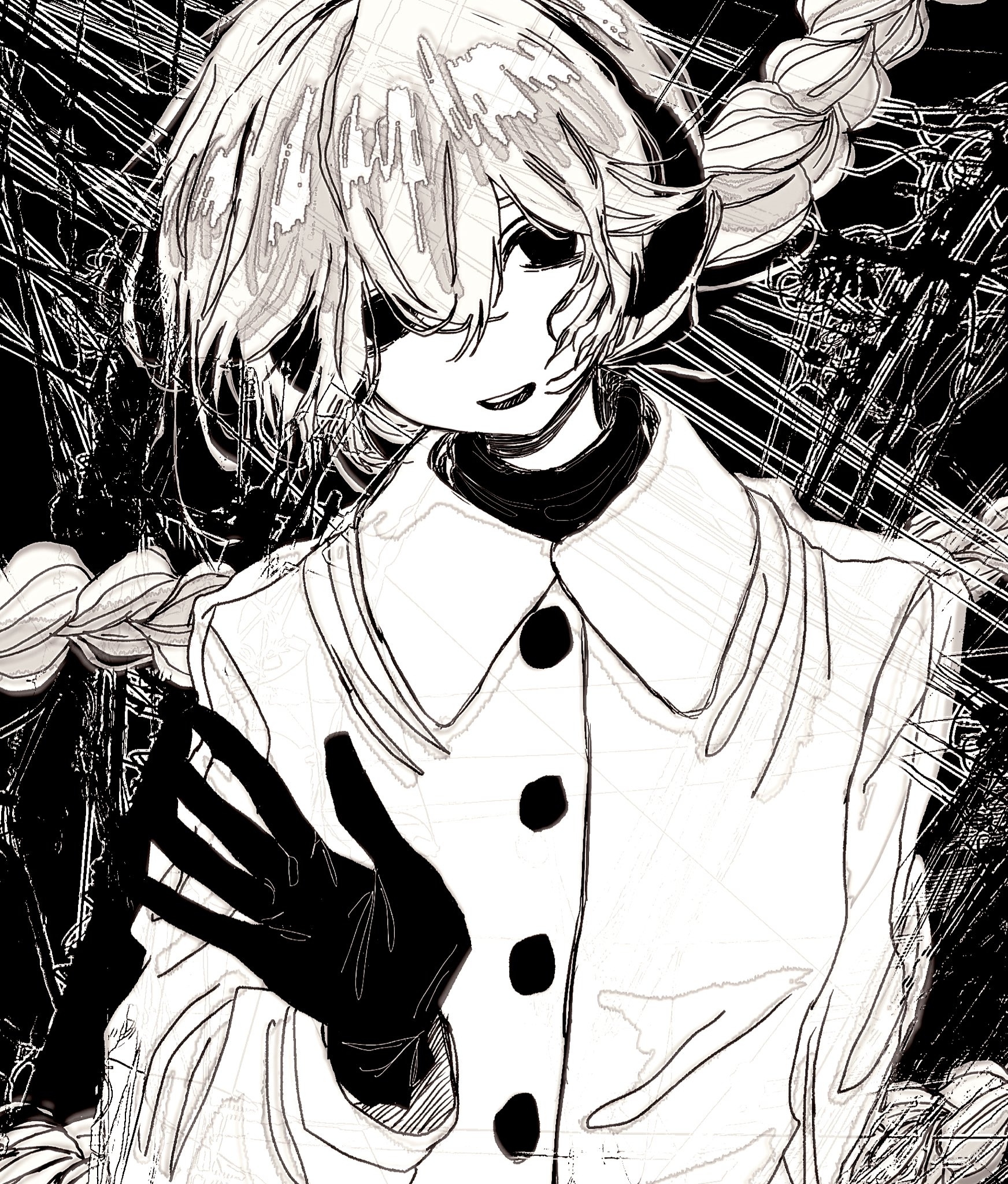 1girl abstract_background arm_at_side bags_under_eyes braid braided_ponytail buttons coat earmuffs empty_eyes floating_hair gloves greyscale hair_floating_upwards half-closed_eyes hand_up head_tilt highres long_hair long_sleeves looking_at_viewer messy_hair monochrome open_mouth power_lines sekka_yufu shirt smile upper_body utau very_long_hair wada140 waving winter_clothes winter_coat