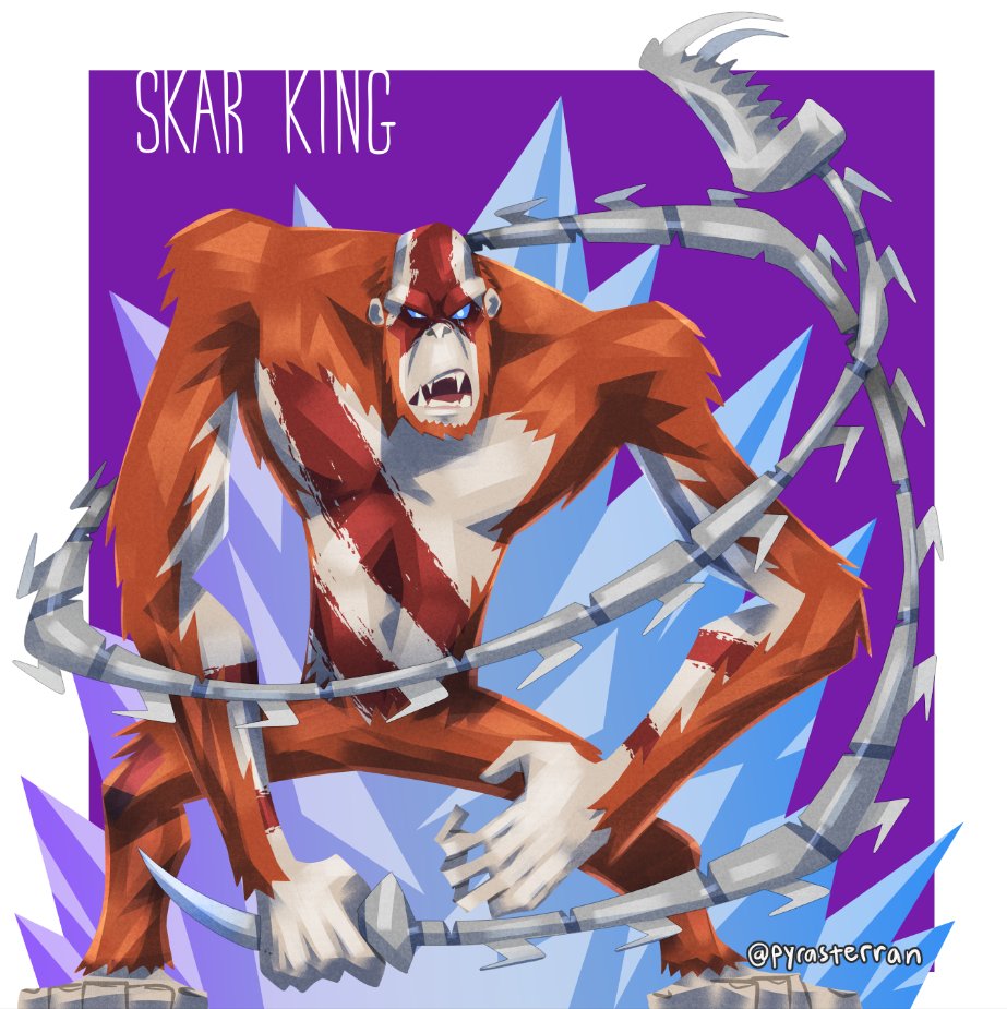 ape artist_name bald blood bone bone_weapon bone_whip character_name crossover crystal crystal_weapon english_text facepaint fangs giant giant_monster glowing glowing_eyes godzilla_(series) godzilla_x_kong:_the_new_empire kaiju king_kong_(series) legendary_pictures looking_at_viewer monster monsterverse no_humans open_mouth orangutan purple_background pyrasterran ribs sharp_teeth signature simple_background skar_king skull spine teeth toned two-tone_background war_paint weapon whip whip_sword whipslash white_background