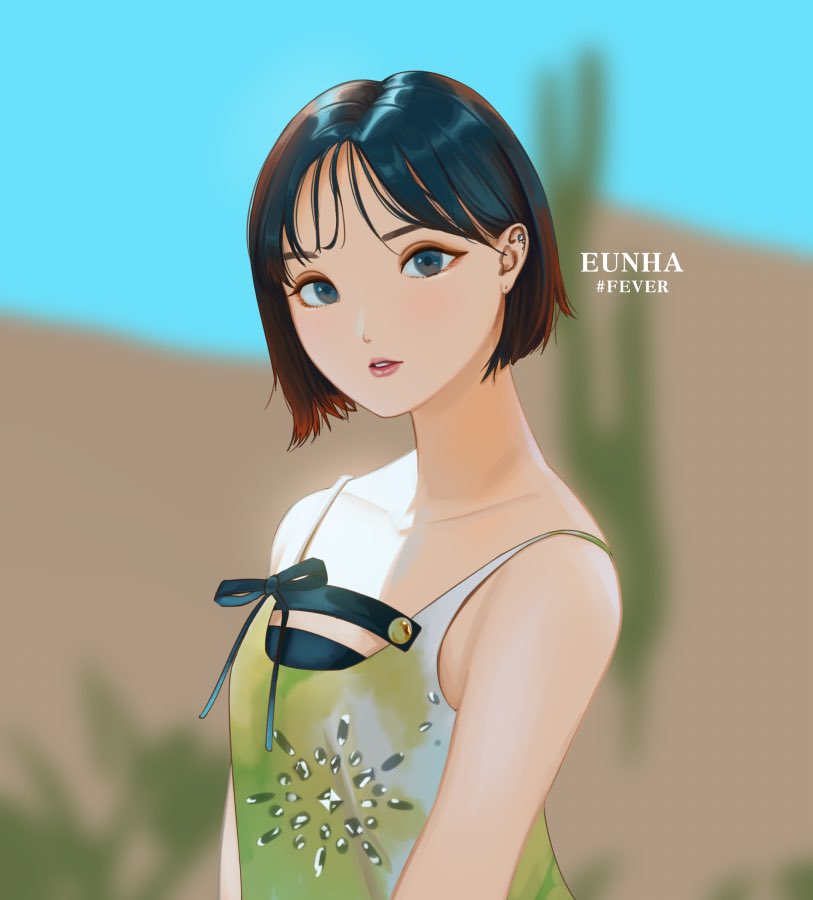 1girl adirosa artist_name_(singer) blue_sky brown_hair cactus commentary english_commentary eunha_(gfriend) eyeliner gfriend green_hair hair_behind_ear k-pop looking_at_viewer makeup real_life short_hair sky solo song_name upper_body