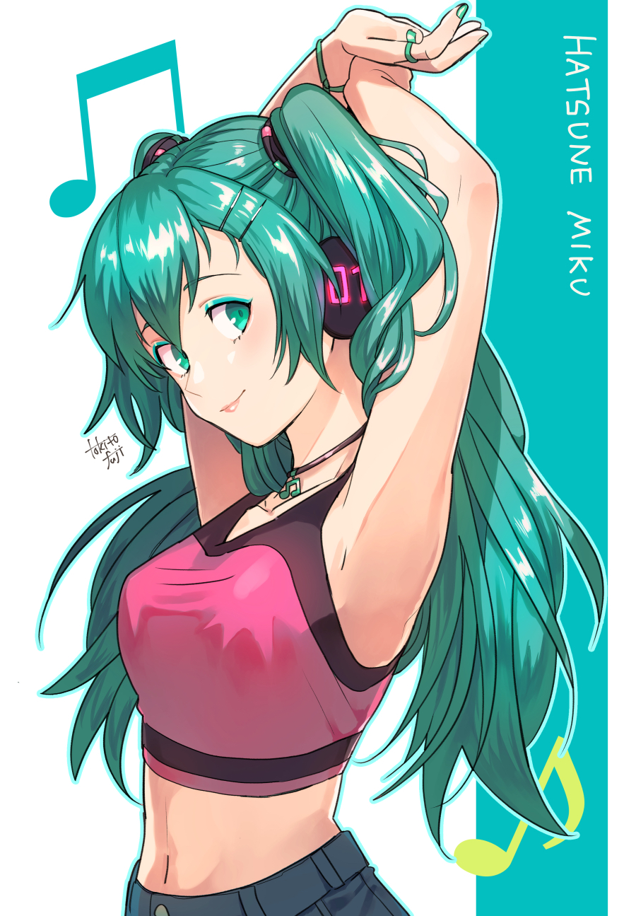 1girl aqua_eyes aqua_hair aqua_nails armpits arms_up breasts character_name choker closed_mouth collarbone commentary_request crop_top eyeshadow hair_ornament hairclip hatsune_miku headphones highres light_blush long_hair looking_at_viewer makeup medium_breasts midriff musical_note navel pink_lips pink_tank_top signature smile solo tank_top tokitou_fuji twintails upper_body vocaloid