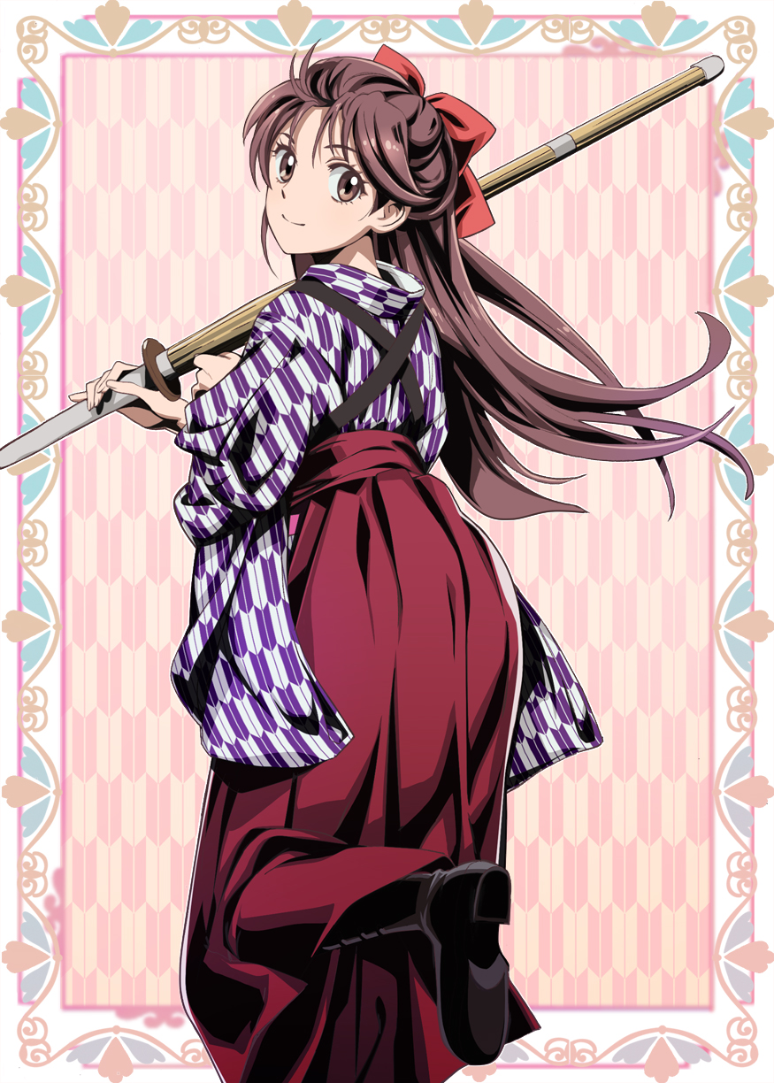 1girl black_boots boots bow brown_eyes brown_hair female_focus floating_hair from_behind haikara-san_ga_tooru hair_bow hakama hakama_skirt hanamura_benio highres holding holding_sword holding_weapon japanese_clothes kimono leg_up long_hair long_sleeves looking_back nyoro_(nyoronyoro000) red_bow red_hakama shinai skirt smile solo standing standing_on_one_leg sword very_long_hair weapon
