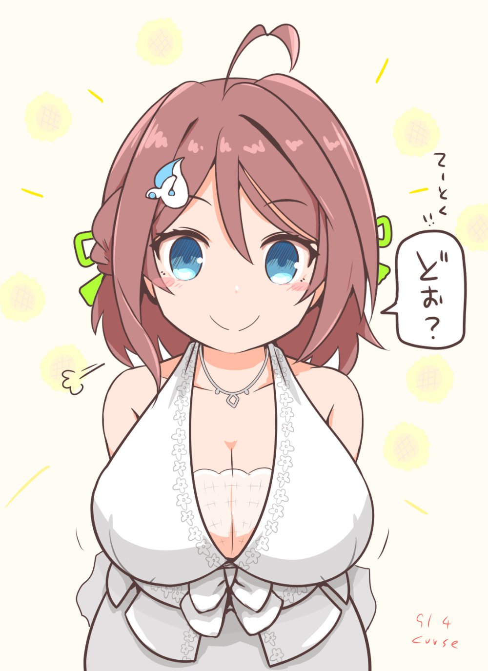 1girl ahoge arms_behind_back blue_eyes braid breasts brown_hair chougei_(kancolle) cleavage curse_(023) dress hair_between_eyes half_up_braid highres kantai_collection large_breasts leaning_forward official_alternate_costume simple_background smile solo upper_body white_background white_dress