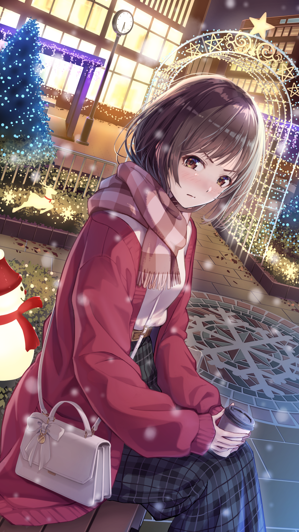 1girl bag belt bench bow brown_belt brown_eyes brown_hair brown_scarf christmas christmas_lights christmas_tree clock closed_mouth coffee cup disposable_coffee_cup disposable_cup dutch_angle grey_skirt hat highres holding holding_cup jacket long_skirt long_sleeves looking_at_viewer macha0331 night open_clothes open_jacket original outdoors pentagram plaid_clothes plaid_skirt red_hat red_jacket red_scarf santa_hat scarf short_hair shoulder_bag sitting skirt snowing snowman solo star_(symbol) striped_clothes striped_scarf sweater v-shaped_eyebrows white_bag white_bow white_sweater