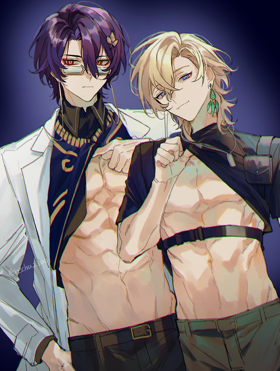 2boys abs artist_name aventurine_(bullseye)_(honkai:_star_rail) aventurine_(honkai:_star_rail) belt belt_buckle black_belt black_pants black_shirt blonde_hair blue_background blue_eyes blue_sweater_vest buckle closed_mouth clothes_lift coat collared_shirt commentary_request crossed_bangs dog_tags dr._ratio_(academia)_(honkai:_star_rail) dr._ratio_(honkai:_star_rail) earrings expressionless eyeliner eyewear_strap glasses grey_belt grey_pants hair_between_eyes hair_ornament hand_up head_tilt honkai:_star_rail honkai_(series) jewelry korean_commentary lab_coat lapels lifting_own_clothes long_sleeves looking_at_viewer makeup male_focus multicolored_eyes multiple_boys necklace official_alternate_costume open_clothes open_coat pants parted_bangs pectorals pouch purple_eyes purple_hair rechu2300 red_eyeliner red_eyes semi-rimless_eyewear shirt shirt_lift short_hair short_sleeves simple_background single_earring smile stomach sweater_vest thumb_in_pocket twitter_username under-rim_eyewear white_coat wing_collar yellow-framed_eyewear yellow_eyes