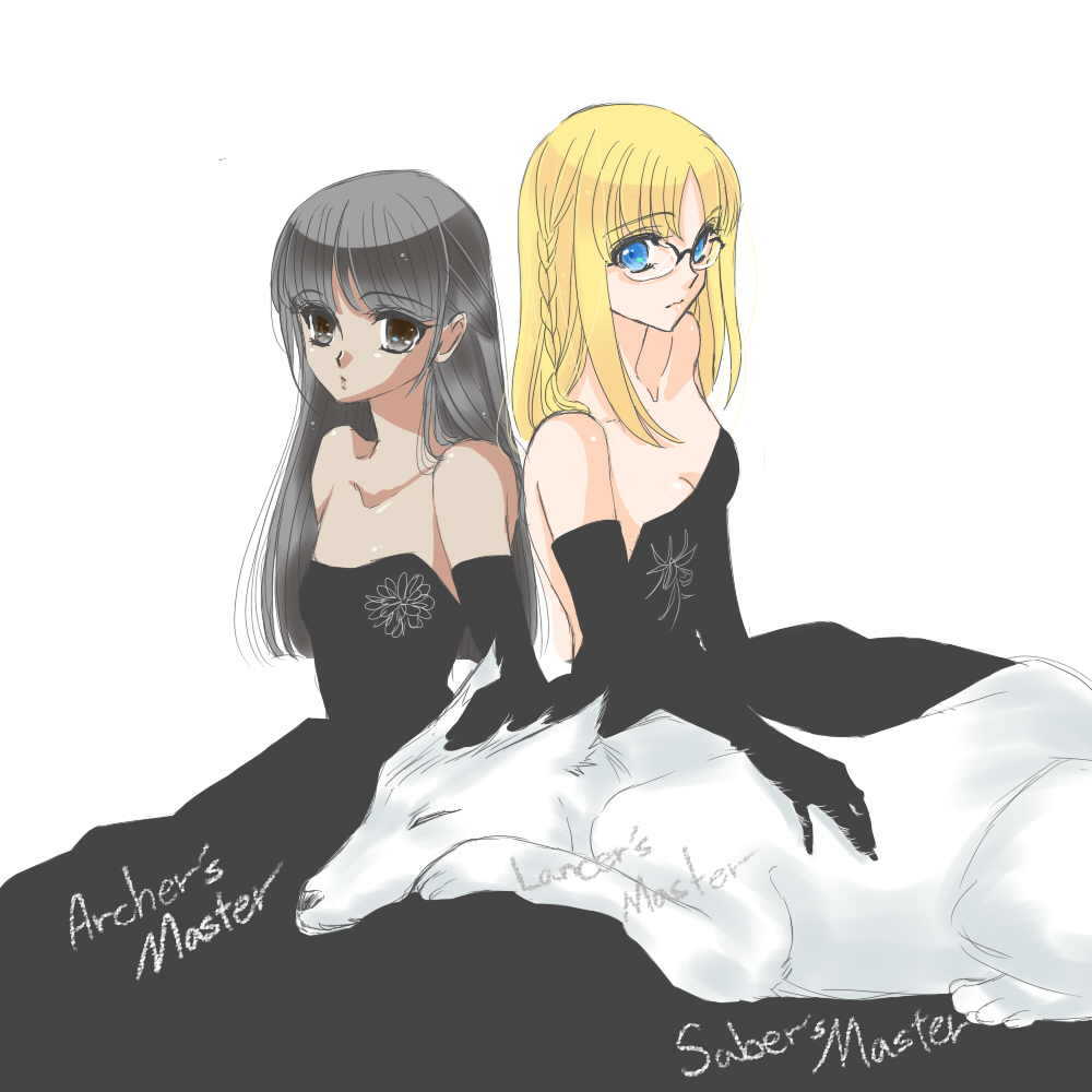 2girls bare_shoulders black_dress black_eyes black_gloves black_hair blonde_hair blue_eyes braid breasts dark-skinned_female dark_skin dress elbow_gloves closed_eyes fate/strange_fake fate_(series) formal_clothes glasses gloves long_hair multiple_girls neck sajou_ayaka_(fate/strange_fake) strapless strapless_dress tine_chelc wolf