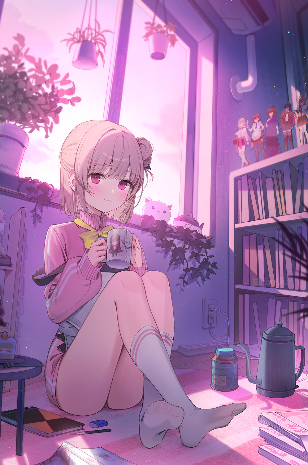 1girl :3 acrylic_stand_(object) air_conditioner book bookshelf bow brown_hair commentary_request cup electrical_outlet eraser full_body hair_bun hanging_plant highres holding holding_cup idol-chan_(rangu) jar kendo_club_president_(rangu) kettle kneehighs light_smile looking_at_viewer mug nekouhai_(rangu) no_shoes notebook on_floor open_book original pencil pink_sky plant potted_plant power_strip purple_eyes rangu sidelocks single_side_bun sky socks solo usagyaru_(rangu) white_socks window yellow_bow