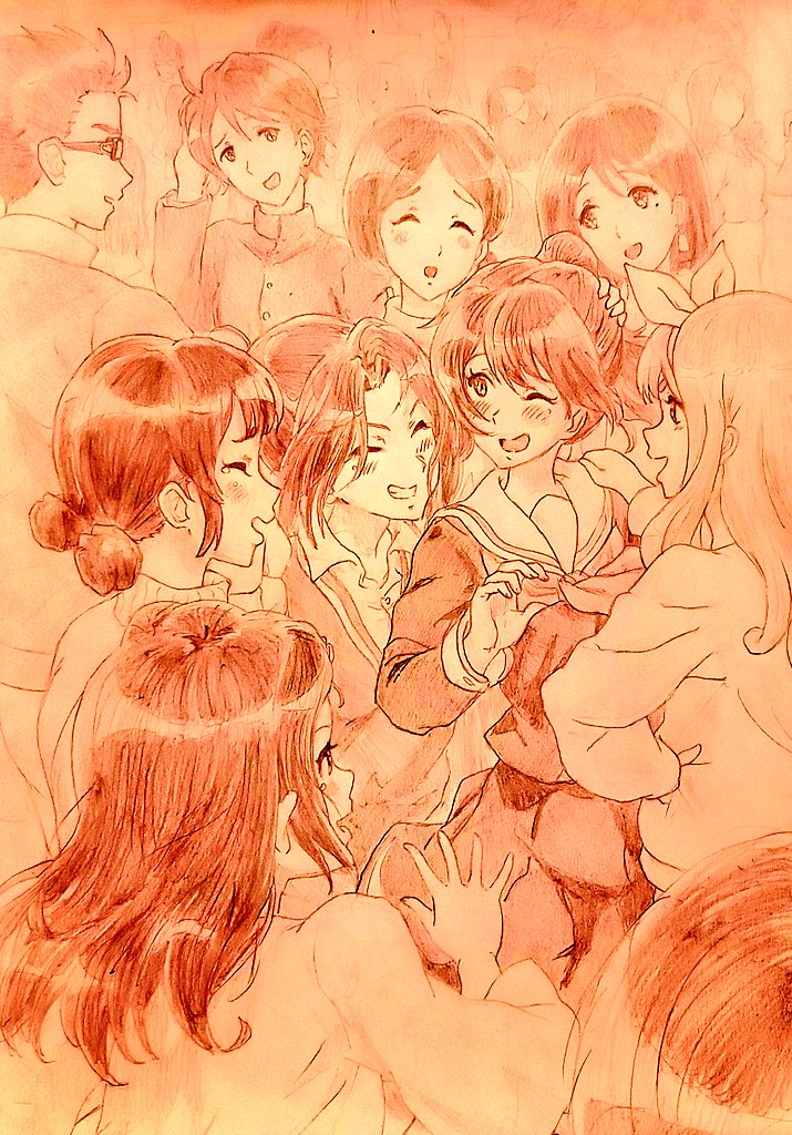 2boys 6+girls closed_eyes commentary gakuran glasses gotou_takuya graphite_(medium) grin hair_ribbon hand_on_another&#039;s_head hand_on_another&#039;s_shoulder happy_birthday hibike!_euphonium kitauji_high_school_uniform multiple_boys multiple_girls nakagawa_natsuki nakaseko_kaori oumae_kumiko pinneshiri ponytail ribbon school_uniform sepia smile tearing_up tears traditional_media tsukamoto_shuuichi yoshikawa_yuuko