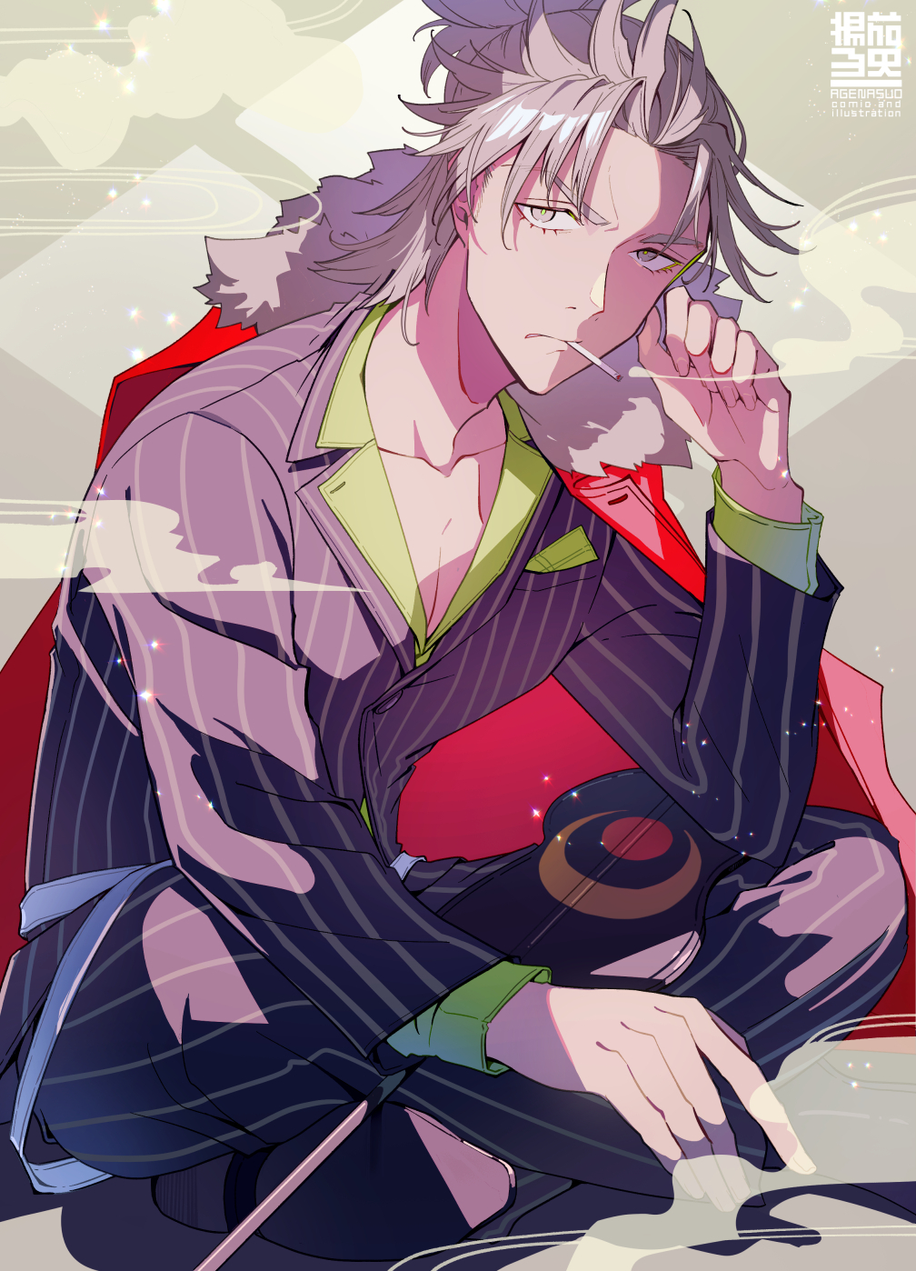 1boy age_nasuo black_jacket cigarette closed_mouth coat coat_on_shoulders collarbone fate/grand_order fate_(series) fur-trimmed_coat fur_trim green_shirt grey_eyes grey_hair half_updo highres jacket leaning_forward male_focus parted_bangs pinstripe_jacket pinstripe_pattern ponytail red_coat shirt short_hair sideburns sitting smoke smoking solo striped_clothes striped_jacket takeda_shingen_(fate) wing_collar