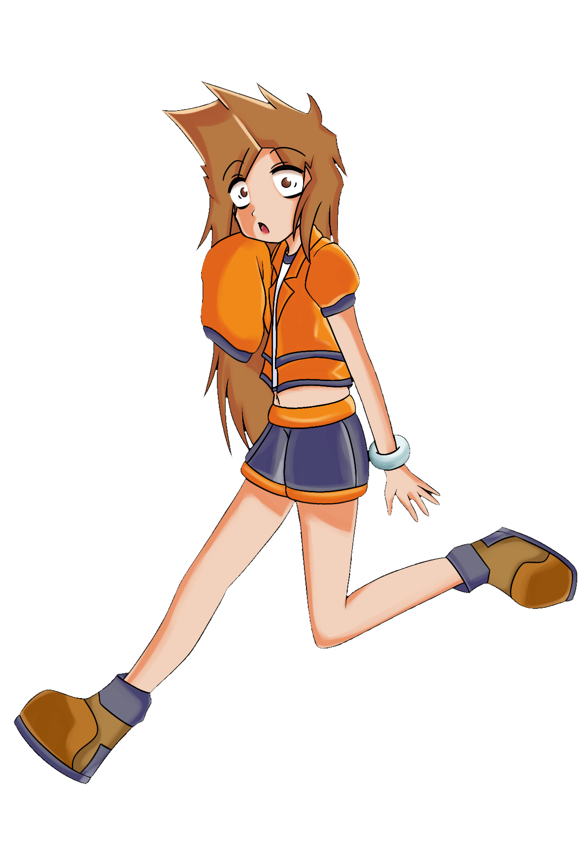 ace_attorney bracelet brown_eyes brown_footwear brown_hair highres jacket jewelry larry_butz long_sleeves non-web_source open_mouth orange_jacket short_sleeves shorts surprised transparent_background