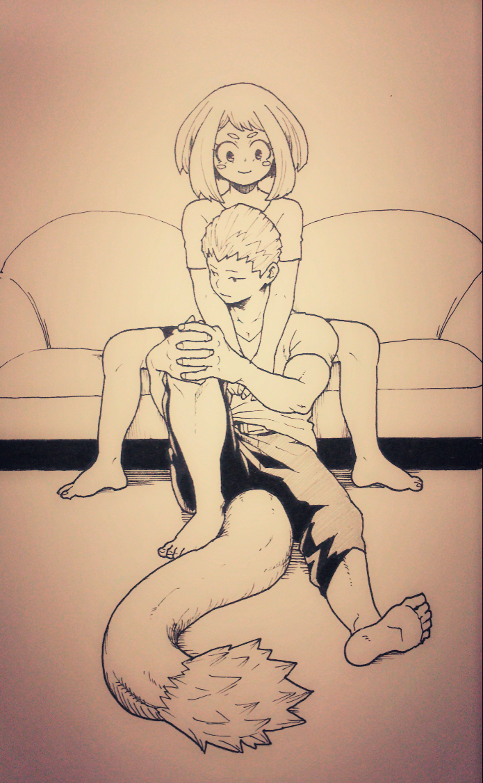 1boy 1girl barefoot belt boku_no_hero_academia couch dimples hetero medium_hair monochrome moss_chicken muscular muscular_male ojiro_mashirao pants pectoral_cleavage pectorals shirt short_hair sitting tail uraraka_ochako
