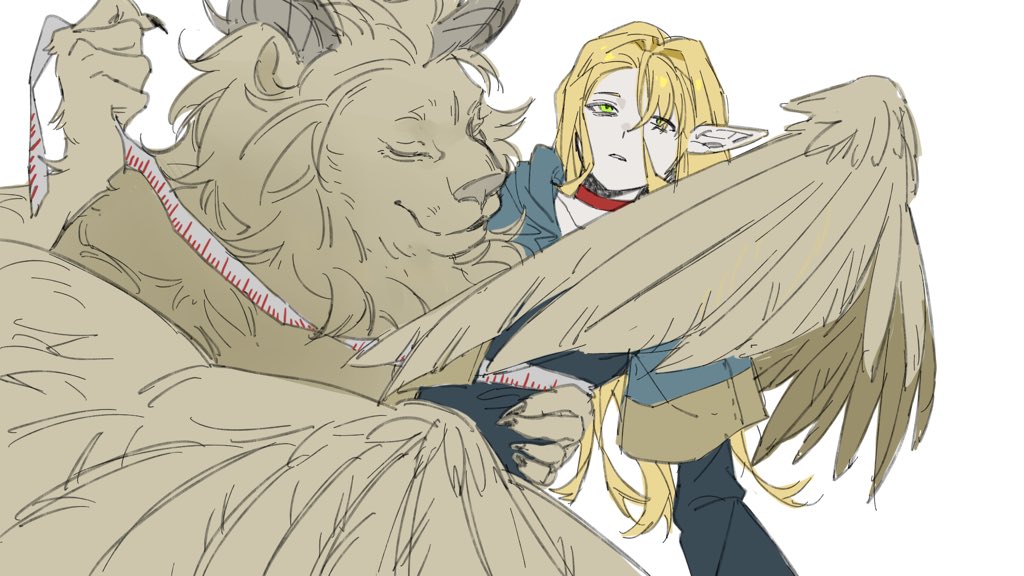 1girl animal_ears animal_nose blonde_hair blue_capelet blue_dress capelet carrying carrying_person chimera choker claws closed_eyes closed_mouth creature dress dungeon_meshi feathered_wings green_eyes hair_between_eyes hand_around_waist horns kugai697139 lion_ears long_hair long_sleeves looking_at_viewer marcille_donato pale_skin pointy_ears red_choker simple_background smile teeth white_background wide_sleeves wings yellow_fur