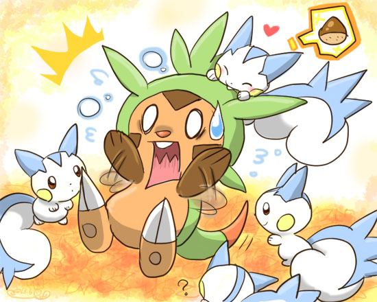 10s acorn biting chespin closed_mouth gen_4_pokemon gen_6_pokemon nintendo no_humans open_mouth pachirisu pokemon pokemon_(creature) shuri_(syurigame) smile spikes sweat sweatdrop