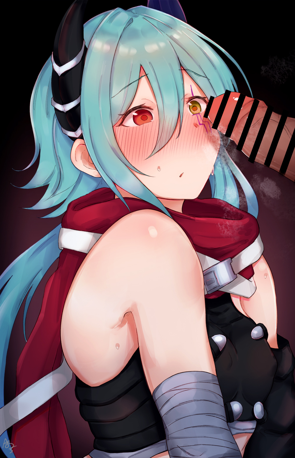 1boy 1girl anna_(princess_connect!) bar_censor blush breasts censored green_eyes hemachi highres long_hair multicolored_eyes penis penis_awe princess_connect! small_breasts