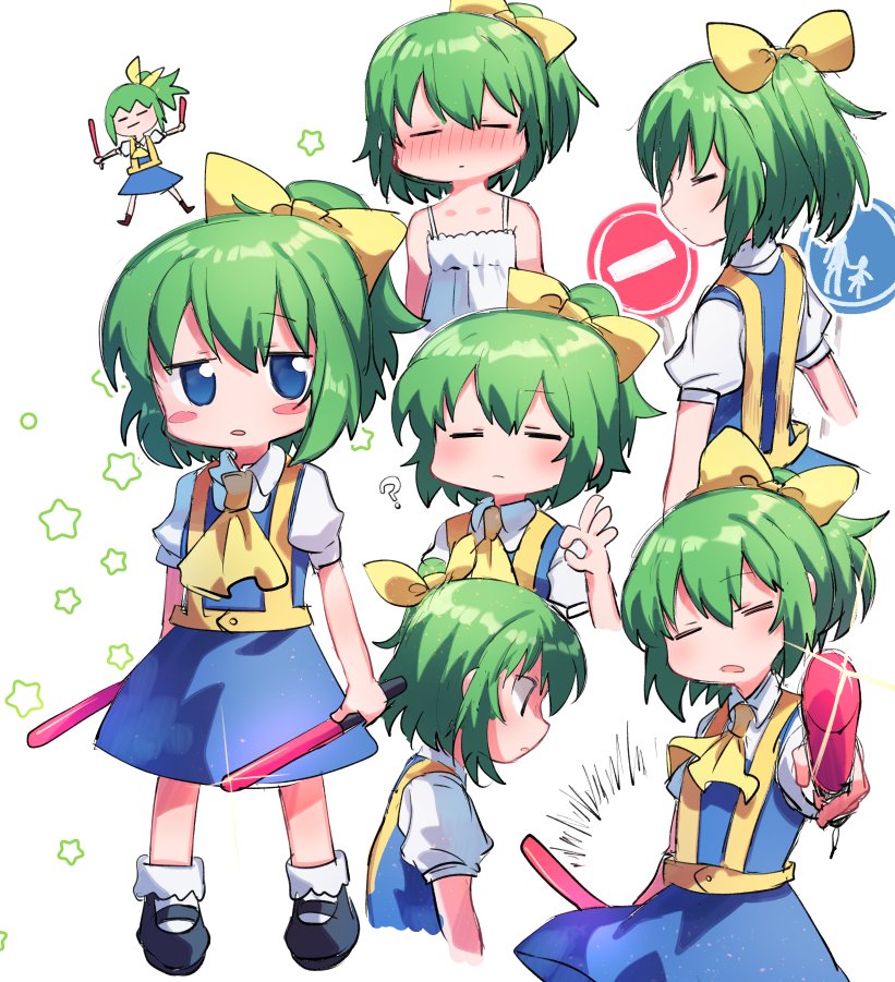 1girl ? alternate_costume ascot black_footwear blouse blue_dress blue_eyes blush_stickers bow closed_eyes closed_mouth cookie_(touhou) daiyousei diyusi_(cookie) dress full_body green_hair hair_between_eyes hair_bow high-visibility_clothing high-visibility_vest holding looking_at_viewer medium_hair multiple_views no_entry_sign ok_sign open_mouth pedestrians_only_sign pinafore_dress ponytail puffy_short_sleeves puffy_sleeves road_sign shirt shoes short_sleeves sign simple_background sleeveless sleeveless_dress socks star_(symbol) sundress touhou traffic_baton upper_body white_background white_dress white_legwear white_shirt xox_xxxxxx yellow_ascot yellow_bow