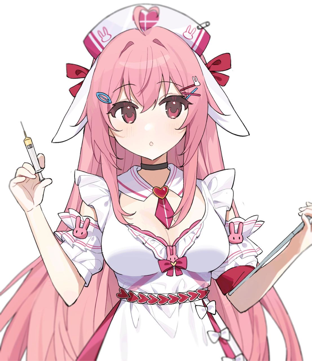 1girl animal_ears apron armband artist_request black_choker bow bowtie bra breasts brooch chestnut_mouth chinese_commentary choker cleavage clipboard collar commentary_request detached_collar floppy_ears frilled_straps hair_bow hair_ornament hairclip hands_up hat heart heart_belt heart_brooch highres holding holding_clipboard holding_syringe jewelry large_breasts light_blush long_hair lop_rabbit_ears medium_breasts mole mole_on_breast nurse_cap official_alternate_costume pink_bow pink_bowtie pink_bra pink_eyes pink_hair providence_project puffy_short_sleeves puffy_sleeves rabbit_ears rabbit_hair_ornament red_armband red_bow safety_pin second-party_source shirako_(vtuber) short_sleeves sidelocks simple_background solo syringe underwear upper_body very_long_hair virtual_youtuber white_apron white_background white_collar wing_cap x_hair_ornament