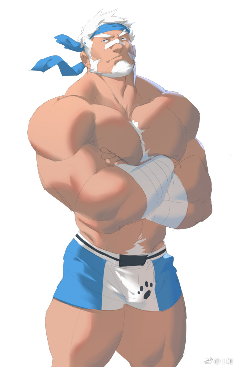 1boy bandaid bandaid_on_face bandaid_on_nose bara bear_boy beard ben_(rollingstonex6) between_pectorals blue_headband blue_male_underwear body_fur boxer_briefs bulge crossed_arms facial_hair feet_out_of_frame goatee headband highres large_pectorals light_frown looking_up male_focus male_underwear mature_male multicolored_male_underwear muscular muscular_male mutton_chops original paw_print pectorals print_male_underwear rollingstonex6 short_hair solo sparse_chest_hair thick_eyebrows topless_male underwear white_fur white_hair white_male_underwear