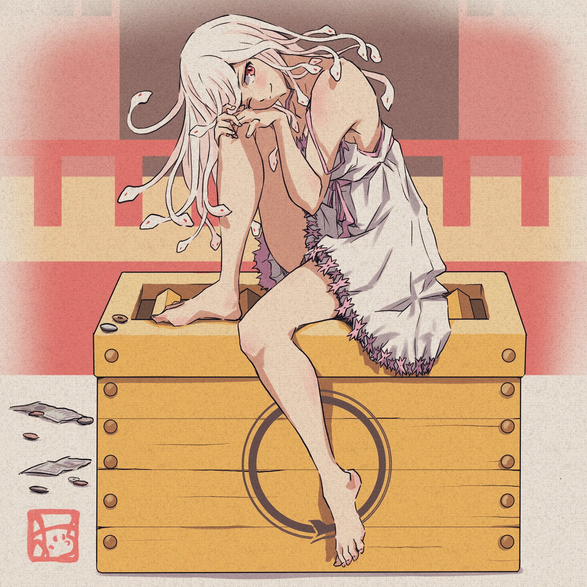 1girl bare_shoulders barefoot blush box closed_mouth donation_box dress feet from_side full_body hands_on_own_knee head_on_knee highres knee_up legs light_smile living_hair looking_at_viewer monogatari_(series) oicchikun one_eye_closed red_eyes sengoku_nadeko short_dress shrine signature sitting snake snake_hair soles solo strap_slip white_dress white_hair white_snake