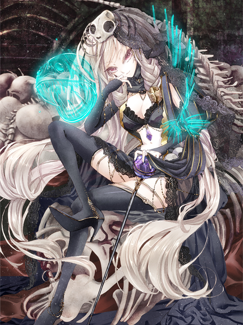 1girl 218 black_hair bone female_focus multicolored_hair original skull solo thighhighs two-tone_hair white_hair