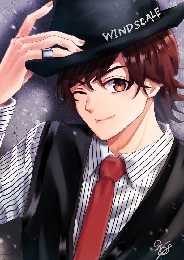 1boy ;) black_hat black_vest bowler_hat brown_eyes brown_hair collared_shirt dress_shirt hair_between_eyes hand_on_headwear hat jewelry kamen_rider kamen_rider_w motion_blur necktie one_eye_closed philip_(kamen_rider) pinstripe_pattern pinstripe_shirt red_necktie ring shadow shirt short_hair signature smile snowing tile_wall tiles upper_body v-shaped_eyebrows vest wanatsu_15 white_shirt