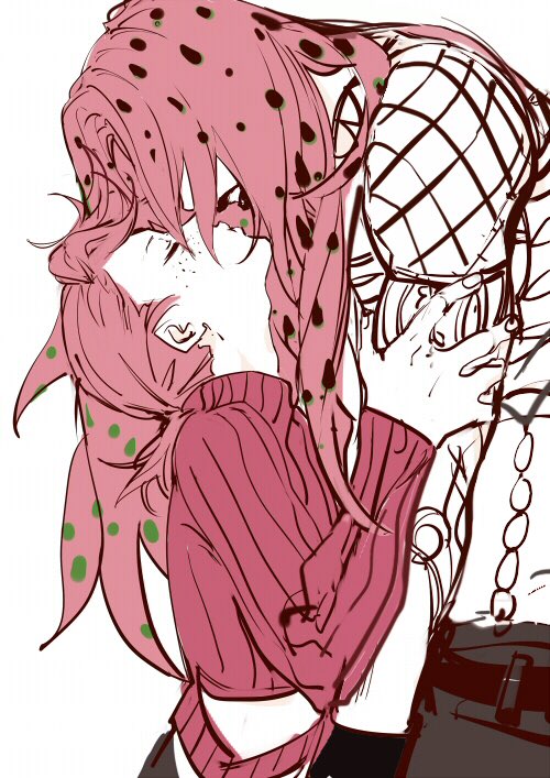 2boys belt black_belt black_lips black_pants chain closed_eyes clothing_cutout covered_eyes cowboy_shot cropped_legs diavolo fishnet_top fishnets freckles hair_over_eyes hand_on_another&#039;s_arm imminent_kiss jojo_no_kimyou_na_bouken lips lipstick long_sleeves makeup male_focus midriff multiple_boys nineo pants patterned_hair pink_hair pink_shirt shirt turtleneck vento_aureo vinegar_doppio white_background yaoi