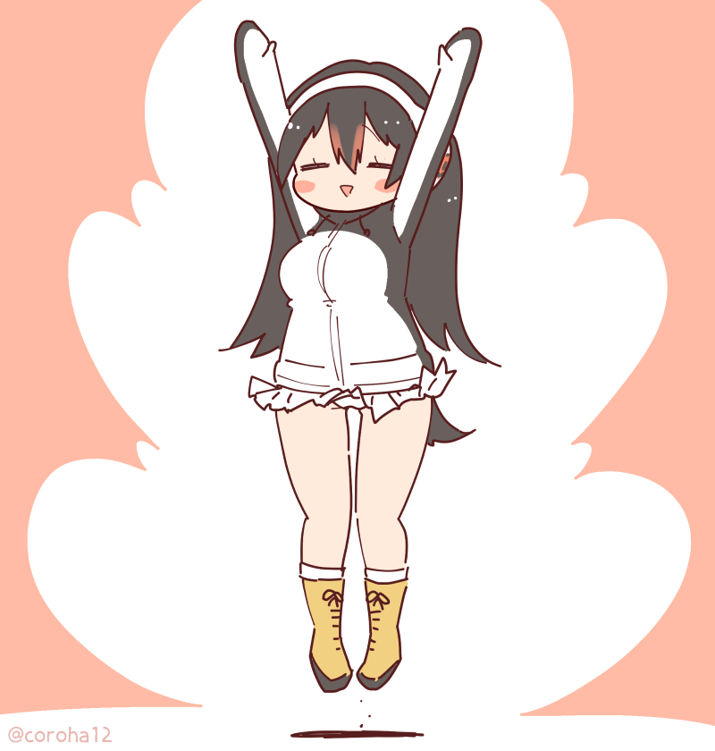 1girl animal_hood arms_up black_hair boots coroha full_body gentoo_penguin_(kemono_friends) gloves headphones hood hoodie jumping kemono_friends long_hair looking_at_viewer penguin_girl penguin_hood penguin_tail pink_background simple_background skirt socks solo straight_hair tail