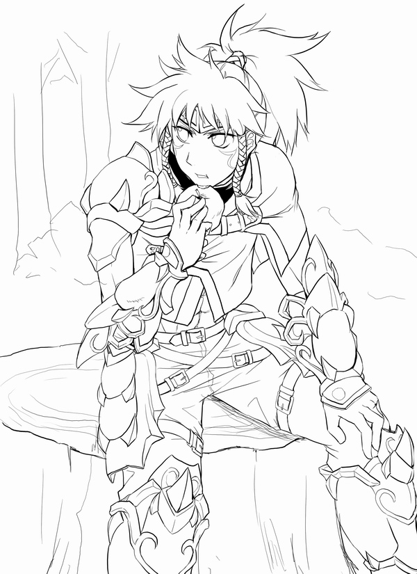 1boy aledy_naash banpresto belt eating forest gauntlets greyscale male_focus monochrome nature outdoors ponytail riyan solo super_robot_wars super_robot_wars_og_saga_mugen_no_frontier super_robot_wars_og_saga_mugen_no_frontier_exceed