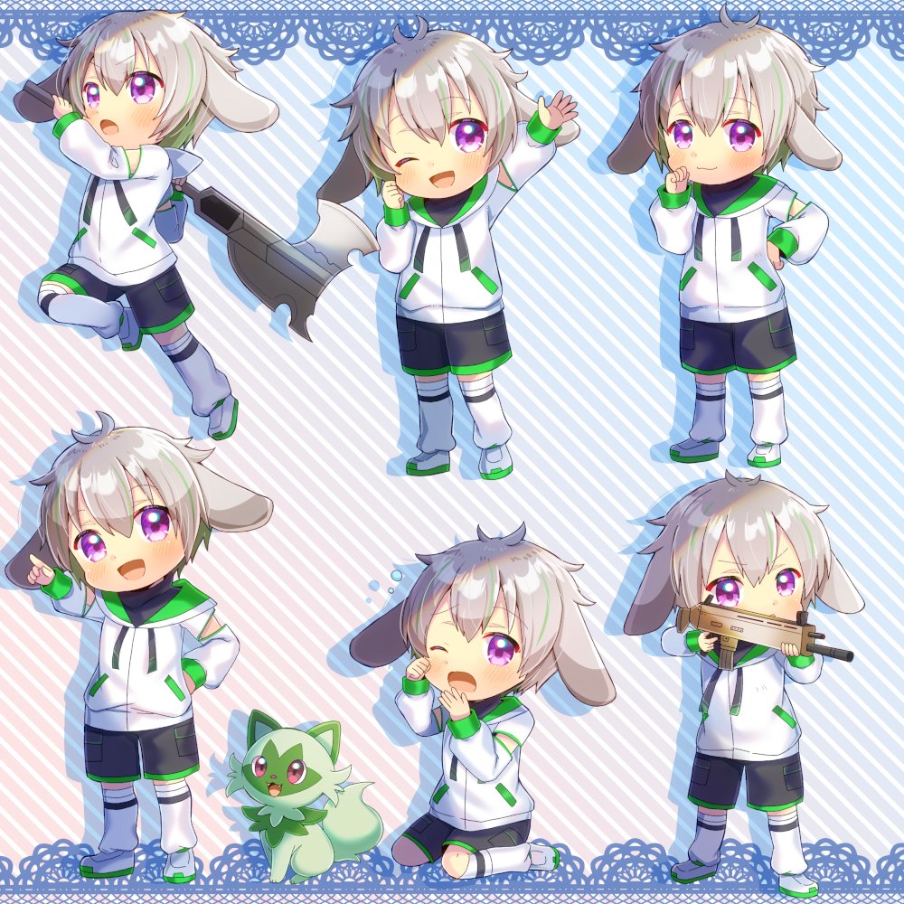 1boy :d :o animal_ears arm_up axe black_shorts blue_background brown_hair commentary_request commission crossover diagonal-striped_background drawstring gradient_background green_hair gun hair_between_eyes hand_up head_tilt holding holding_axe holding_gun holding_weapon hood hood_down hooded_jacket jacket kou_hiyoyo loafers long_sleeves male_focus multicolored_hair multiple_views nintendo open_mouth outstretched_arm pink_background pointing pokemon pokemon_(creature) puffy_long_sleeves puffy_sleeves purple_eyes rabbit_ears shoes shorts skeb_commission sleeves_past_wrists smile socks sprigatito streaked_hair striped_background virtual_youtuber weapon weapon_request white_jacket white_shoes white_socks