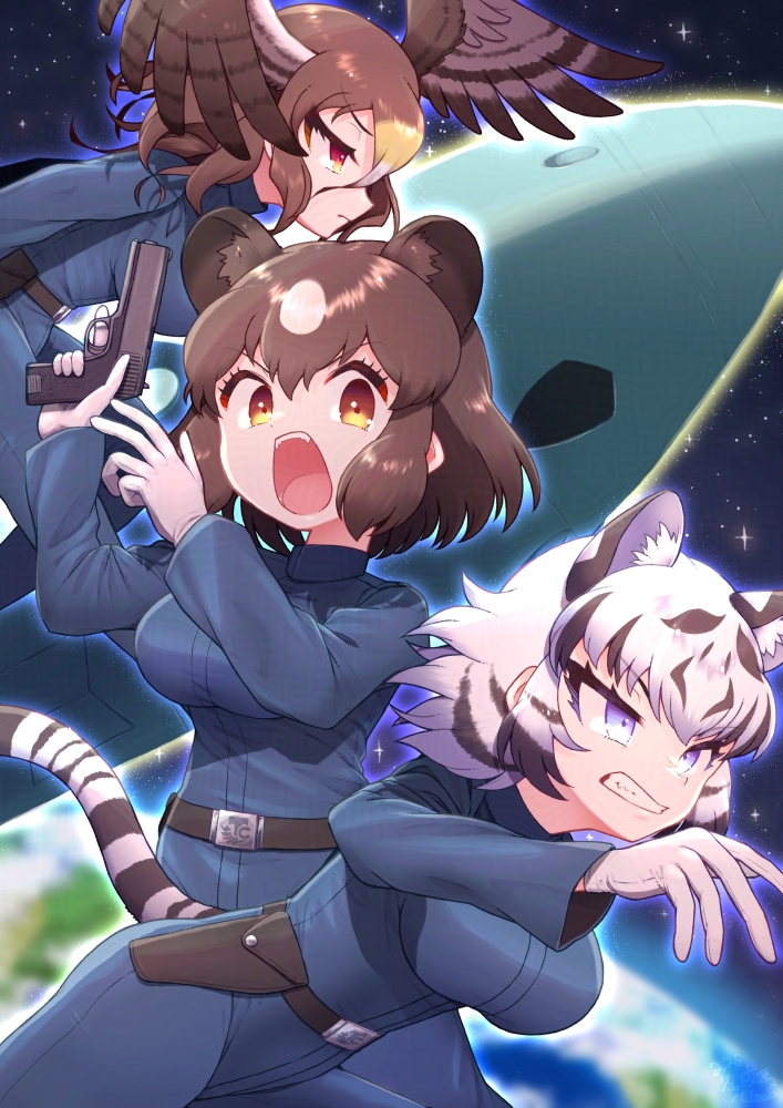 3girls alternate_costume animal_ears animal_print bear_ears bear_girl bird_girl bird_wings blonde_hair blue_eyes blue_jumpsuit blush brown_bear_(kemono_friends) brown_eyes brown_hair clenched_teeth earth_(planet) extra_ears fangs gun hair_between_eyes head_wings holster jumpsuit kemono_friends kitsunetsuki_itsuki long_sleeves matching_outfits multicolored_hair multiple_girls northern_goshawk_(kemono_friends) open_mouth orange_eyes planet sidelocks space tail teeth thigh_holster tiger_ears tiger_girl tiger_print tiger_tail two-tone_hair weapon white_hair wings