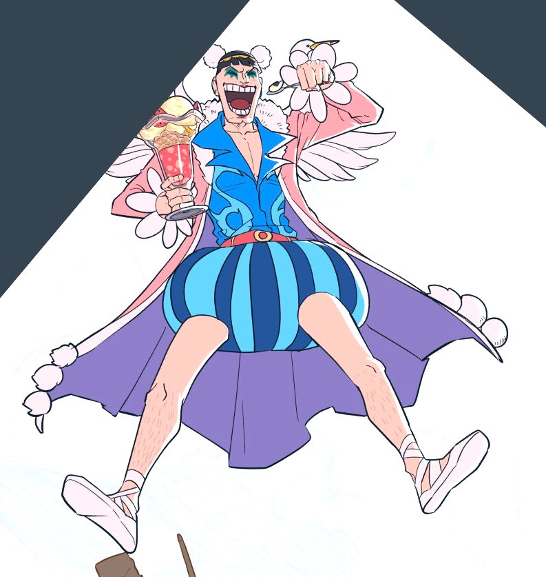 1boy ballet_slippers belt bird black_hair blue_shirt blue_shorts blunt_bangs bon_clay closed_eyes coat commentary_request food fur-trimmed_coat fur_trim holding holding_food holding_spoon leg_hair makeup male_focus one_piece open_mouth parfait pink_coat shirt shorts smile solo spoon striped_clothes striped_shorts swan tentaro_en vertical-striped_clothes vertical-striped_shorts white_wings wings