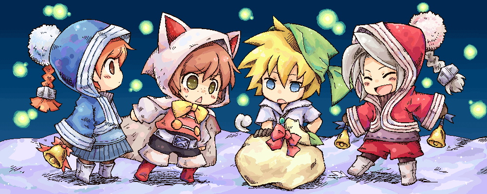 1990s_(style) 1girl 3boys :&lt; :d alternate_color arc_(ff3) bell blonde_hair blue_eyes chibi christmas devout everyone final_fantasy final_fantasy_iii freckles geomancer geomancer_(final_fantasy) hood ingus luneth multiple_boys open_mouth pote_(ptkan) refia retro_artstyle sack santa_costume seer smile thief_(final_fantasy) white_mage_(final_fantasy)