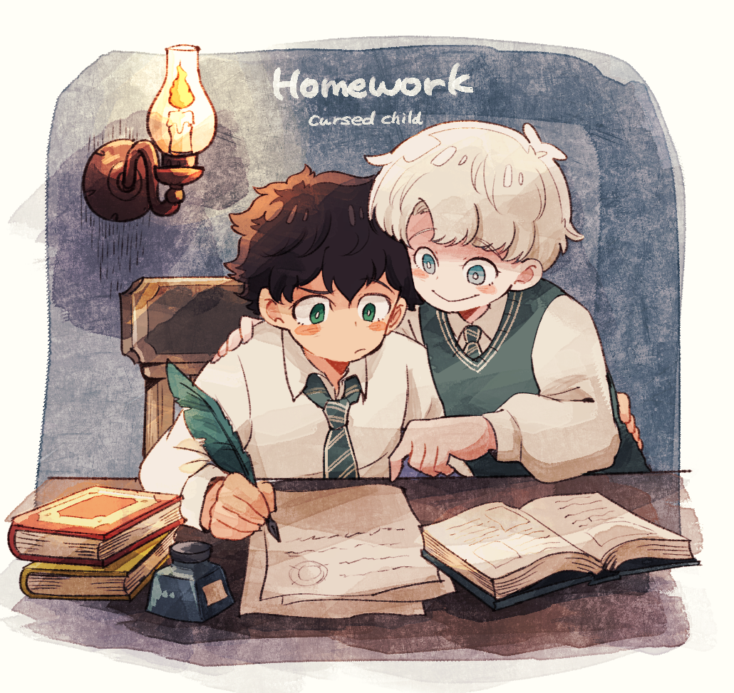2boys albus_severus_potter amazou black_hair blonde_hair blue_eyes book chair green_eyes harry_potter_(series) harry_potter_and_the_cursed_child hogwarts_school_uniform holding holding_quill inkwell inkwell multiple_boys necktie open_book quill school_uniform scorpius_malfoy short_hair slytherin smile striped_neckwear vest wizarding_world writing