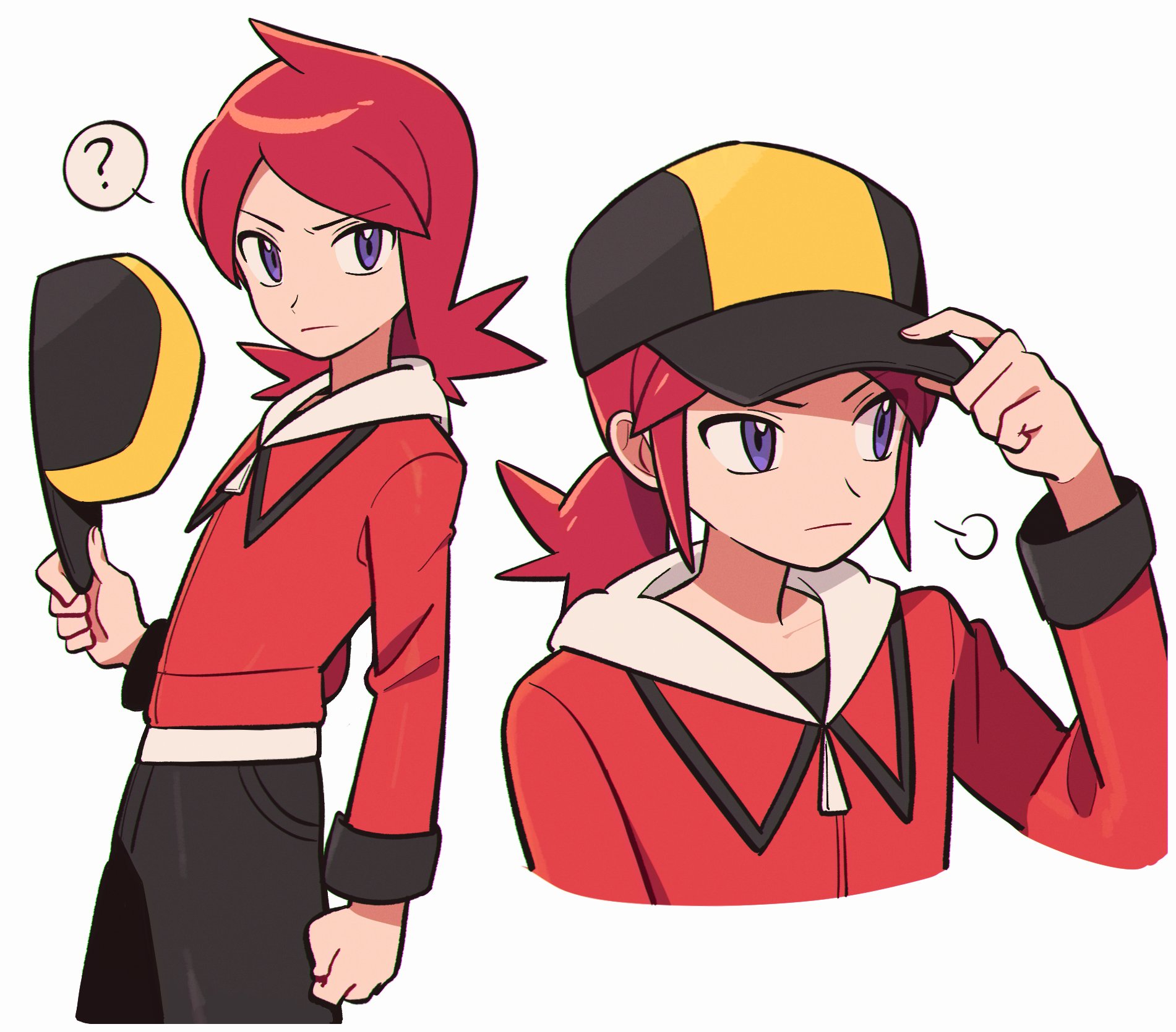1boy :/ ? adjusting_clothes adjusting_headwear arm_up black_pants chueog cosplay cropped_legs cropped_torso ethan_(pokemon) ethan_(pokemon)_(cosplay) hat highres holding holding_unworn_clothes holding_unworn_hat hood hood_down hooded_jacket jacket layered_clothes long_hair looking_at_viewer looking_to_the_side male_focus multicolored_clothes nintendo pants pokemon pokemon_hgss ponytail purple_eyes red_hair sideways_glance silver_(pokemon) simple_background sleeve_cuffs solo speech_bubble spoken_question_mark unworn_hat unworn_headwear white_background zipper_pull_tab