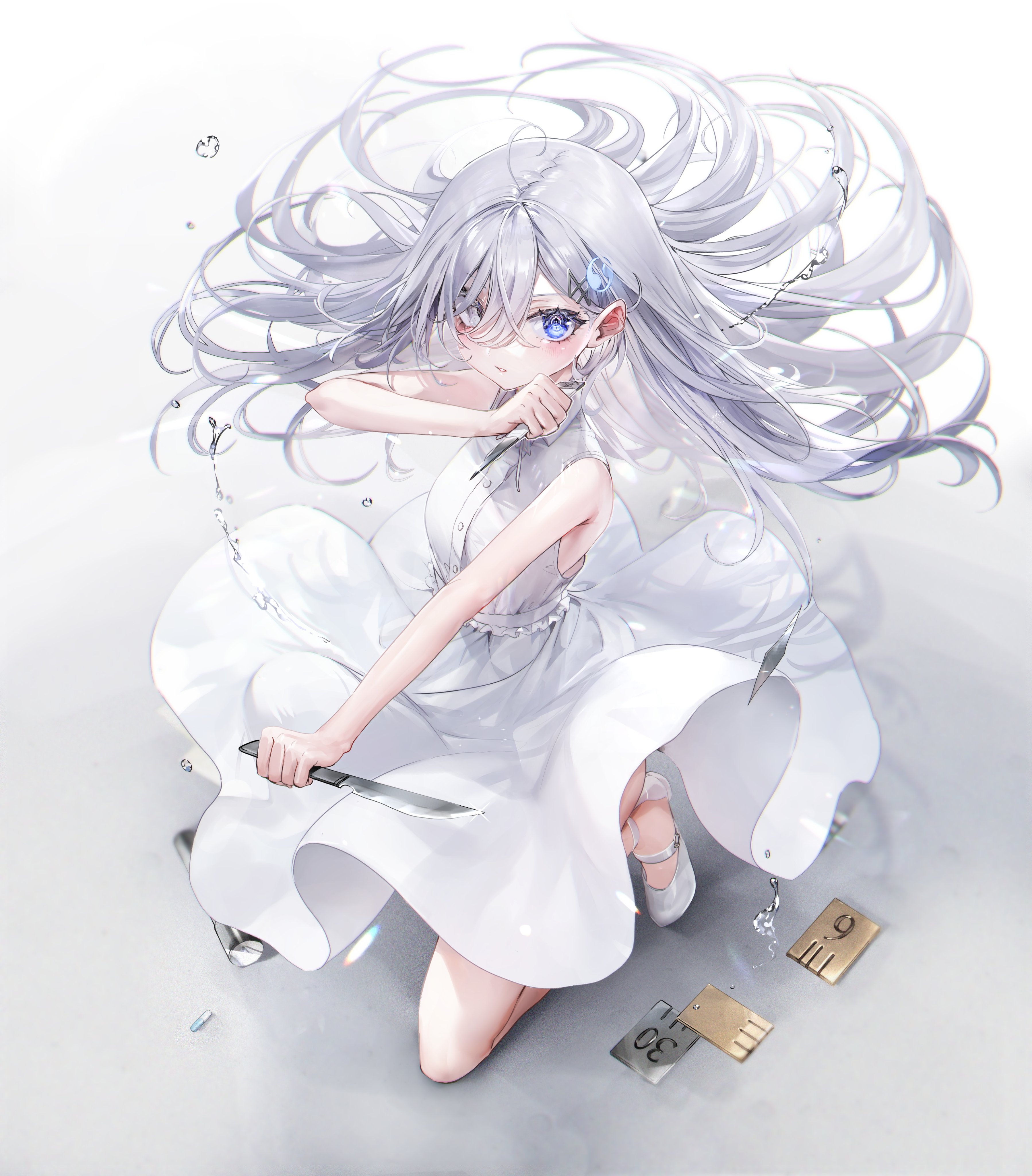 1girl absurdres bare_arms bare_shoulders blue_eyes blush cover cover_page dress floating_hair full_body grey_eyes grey_hair grey_shoes hair_ornament hairclip heterochromia highres holding holding_knife knife long_hair looking_at_viewer nekometaru novel_cover official_art parted_lips shibou_yuugi_de_meshi_o_kuu shoes sleeveless sleeveless_dress solo textless_version very_long_hair yuuki_(shibou_yuugi)