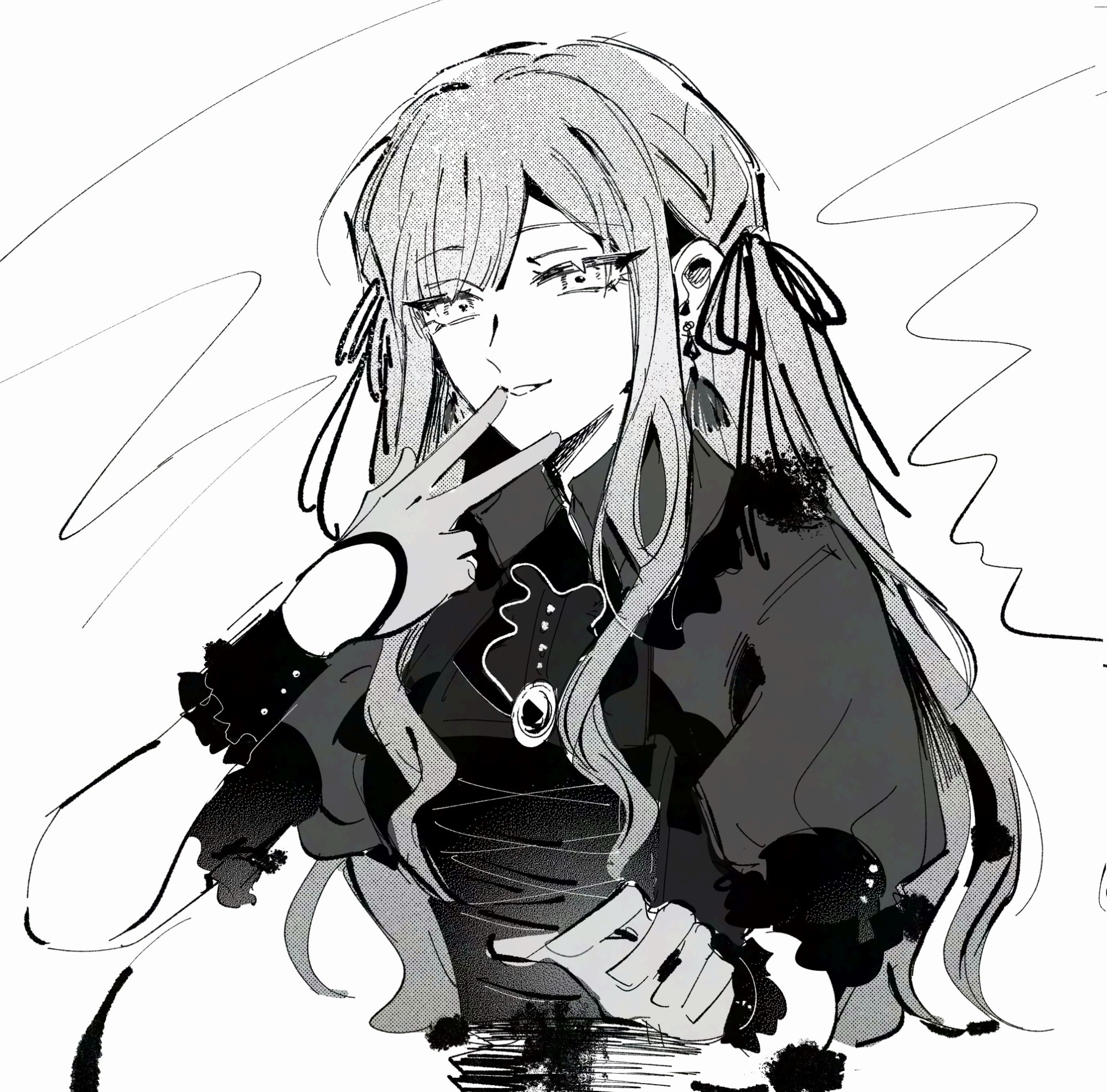 1girl bang_dream! bang_dream!_it&#039;s_mygo!!!!! brooch commentary earrings gloves greyscale hair_ribbon hand_up highres jewelry long_hair looking_at_viewer maybecrosswise monochrome oblivionis_(bang_dream!) puffy_short_sleeves puffy_sleeves ribbon short_sleeves sidelocks solo togawa_sakiko upper_body v v_over_mouth