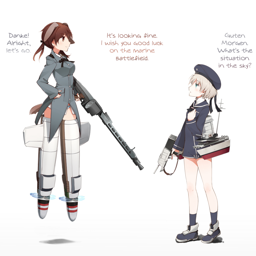 10s 2girls animal_ears anti-aircraft anti-aircraft_gun blue_eyes brown_eyes brown_hair clothes_writing crossover dog_ears dog_tail double-drum_magazine drum_magazine flying german_text gertrud_barkhorn gun hair_ribbon hard-translated hat high-capacity_magazine holding kantai_collection kinakomoti long_hair long_sleeves machine_gun machinery magazine_(weapon) mg42 military military_uniform multiple_girls neckerchief panties ribbon saddle-drum sailor_collar sailor_hat ship_turret short_hair silver_hair strike_witches striker_unit tail third-party_edit translated twintails underwear weapon white_panties world_witches_series z1_leberecht_maass_(kancolle)