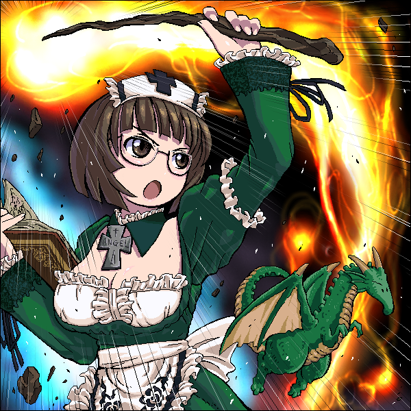 1girl apron arm_over_head book breasts brown_eyes brown_hair casting_spell cleavage cross cross_patty deathsmiles debris dragon dragon_wings dress dynamic_pose energy follett_(deathsmiles) frilled_dress frilled_sleeves frills glasses green_dress hat holding holding_book johnnie looking_to_the_side maid_apron nurse_cap open_book open_mouth ribbon short_hair solo wings