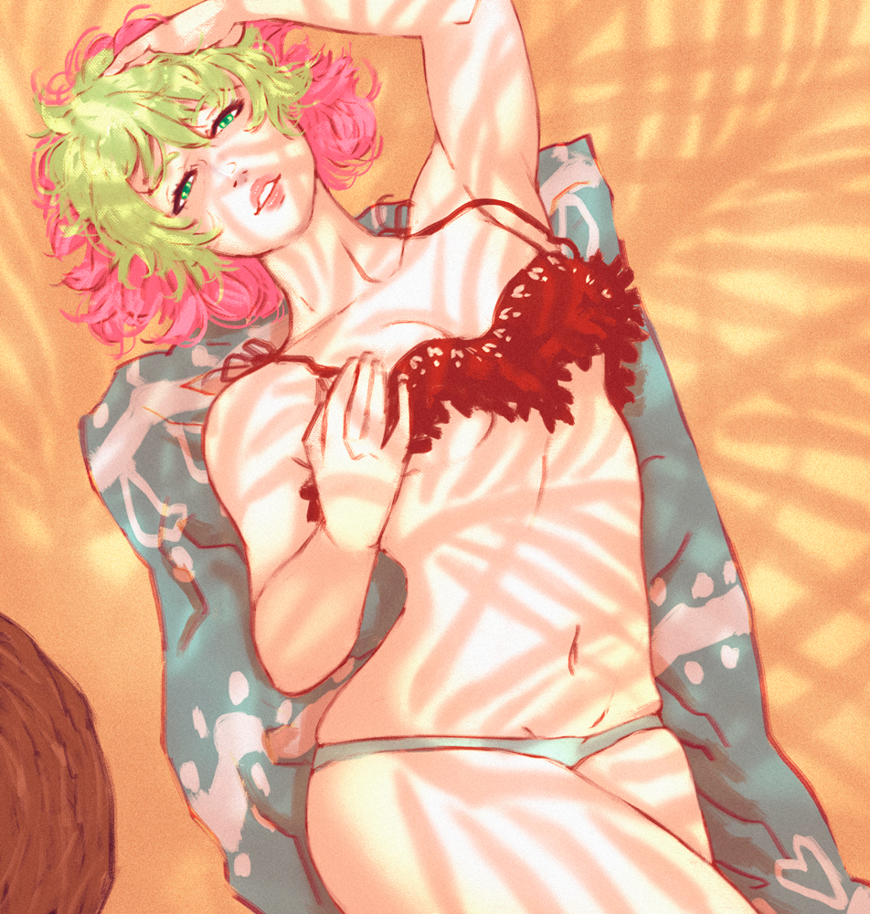 1girl arm_up beach_towel bikini blonde_hair drawfag female_focus green_eyes hand_on_own_head lips looking_at_viewer lying navel non-web_source on_back parted_lips redline sand short_hair solo sonoshee_mclaren swimsuit towel tree_shade