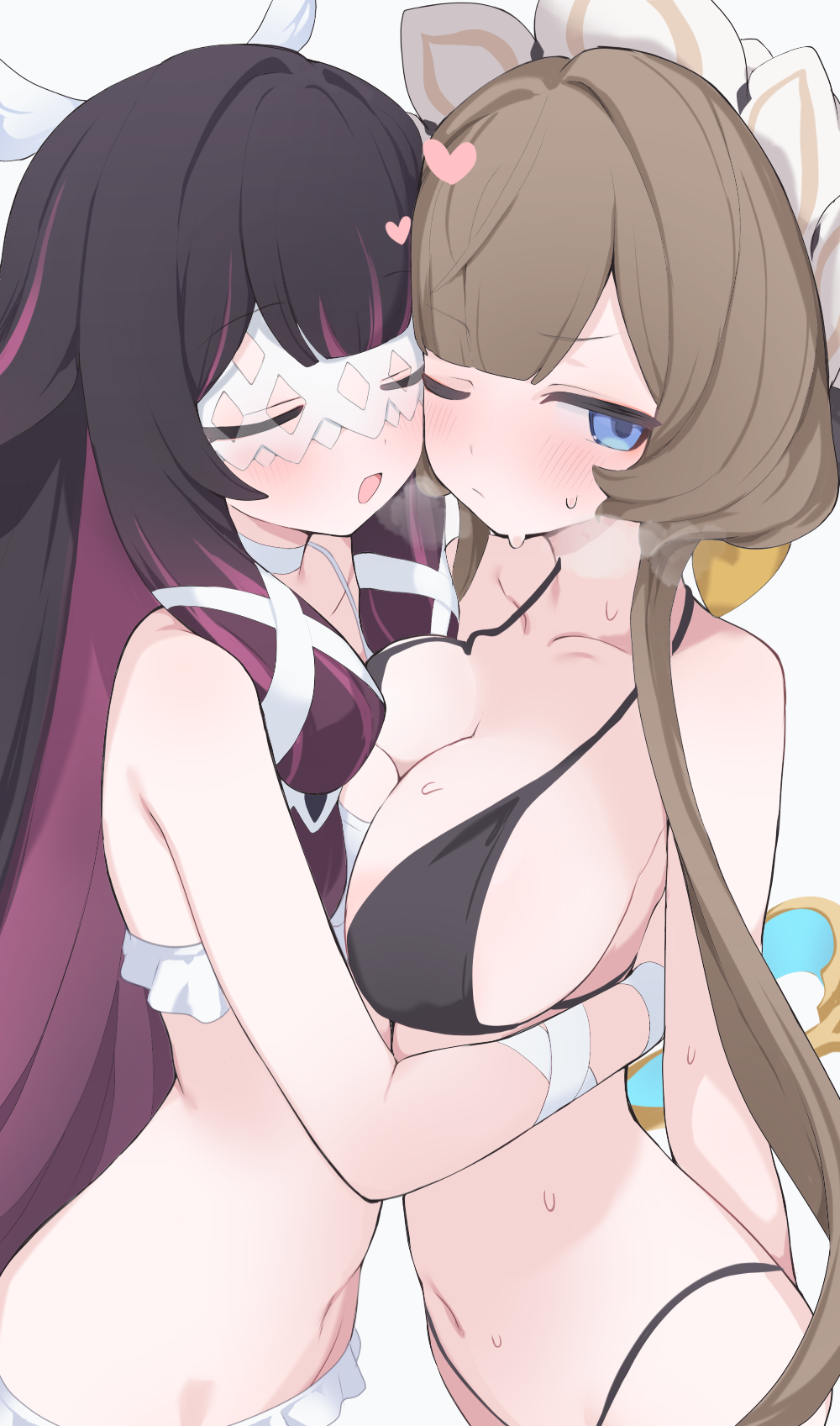 2girls asymmetrical_docking bikini black_bikini black_hair blue_eyes blush breast_press breasts brown_hair closed_eyes closed_mouth colored_inner_hair columbina_(genshin_impact) commentary eye_mask frilled_bikini frills genshin_impact highleg highleg_bikini highres hone_kawa large_breasts long_hair mask multicolored_hair multiple_girls navel one_eye_closed open_mouth purple_hair sandrone_(genshin_impact) simple_background swimsuit two-tone_hair upper_body very_long_hair white_background white_bikini