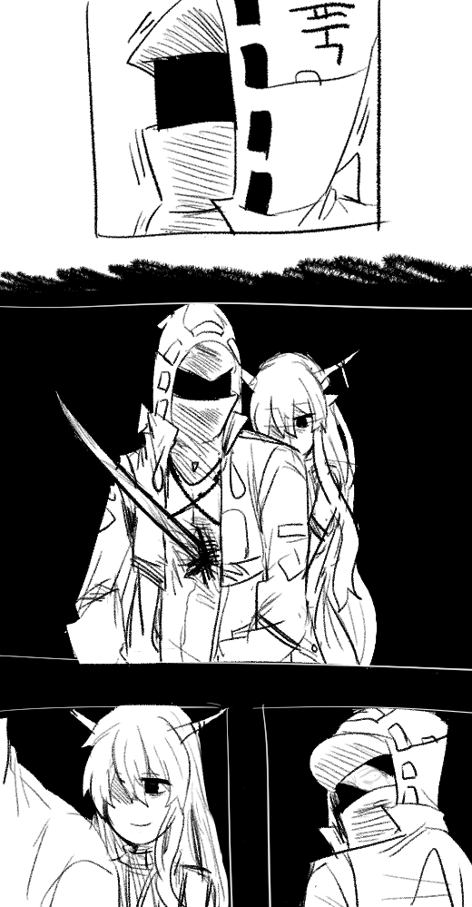 1boy 1girl arknights backstab blood blood_on_clothes doctor_(arknights) empty_eyes greyscale holding holding_sword holding_weapon horns monochrome omo_(saindoc) pointy_ears shining_(arknights) sword weapon yandere