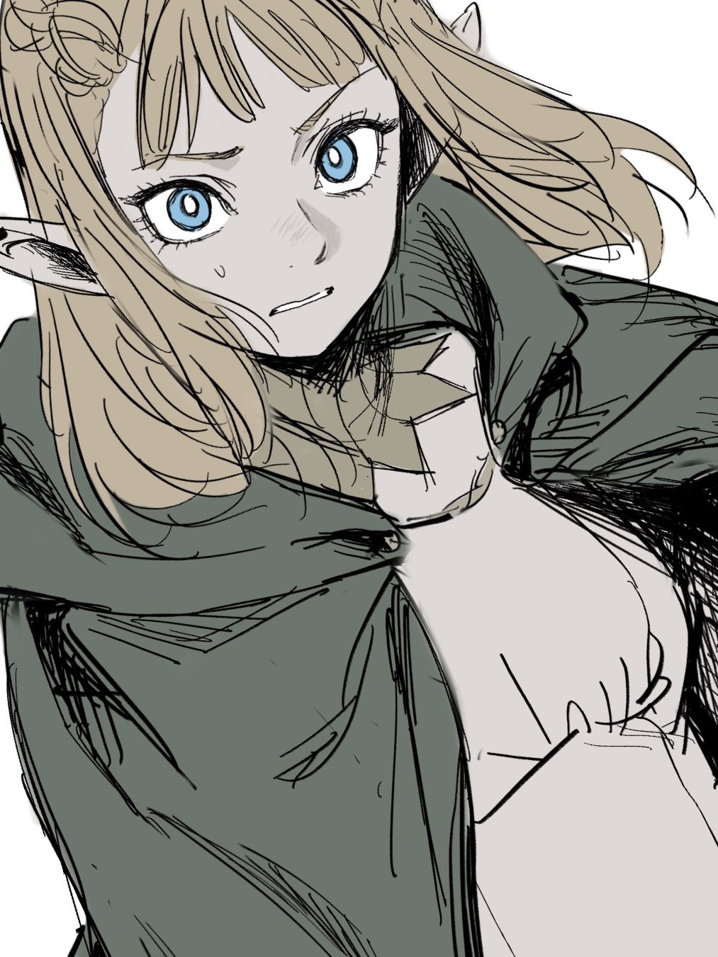 1girl blonde_hair blue_eyes braid cloak dungeon_meshi elf frs2 gorget green_cloak highres hood hooded_cloak looking_at_viewer medium_hair parted_lips pattadol pointy_ears simple_background solo sweatdrop tunic white_background